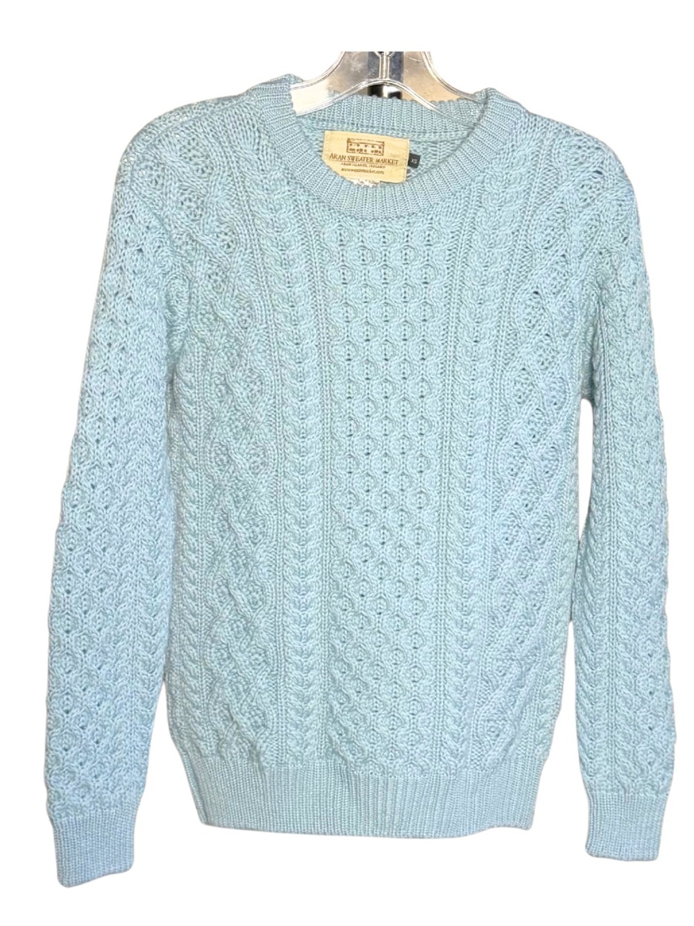 Aran Sweater Market Made in Ireland Classic Cable Knit Blue Wool Sweater Sz XS